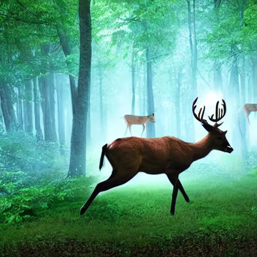 Image similar to epic professional digital art of a bright forest with a deer galloping towards you.