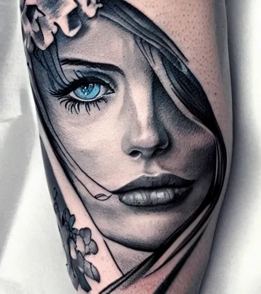 Image similar to tattoo design sketch of a beautiful blue - eyed woman face with a faded background of beautiful mountains and nature on her side, hyper - realistic, in the style of den yakovlev, amazing detail, black and white