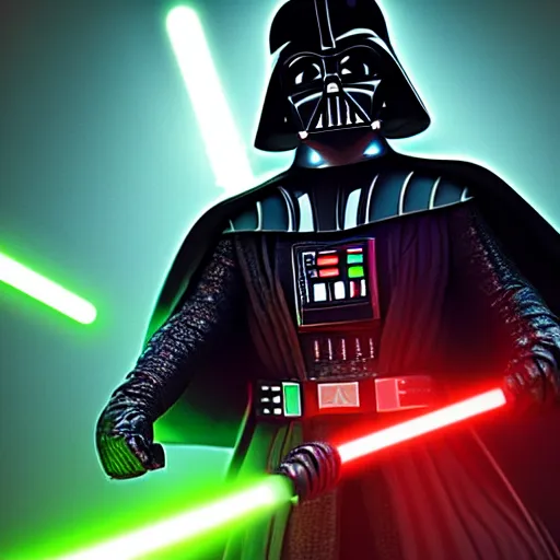 Prompt: A studio image of Darth Vader holding a green lightsaber, ray tracing, 4k, hyper detailed, studio lighting, movie set,