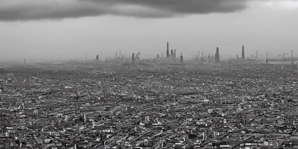 Image similar to a big industrial city metropoli in the distance, cloudy sky