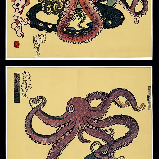 Image similar to an octopus smoking eight cigarettes, ukiyo-e triptych by Utagawa Kuniyoshi