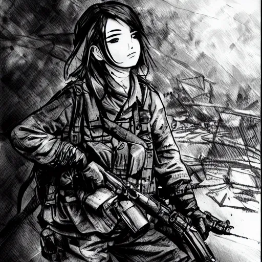 Prompt: manga style, black inking, modern warfare, portrait of a girl under artillery fire, trench sandbags in background, soldier clothing, long hair, hair down, symmetrical facial features, comic page, trending pixiv, black shadow patterns, by akihito yoshitomi, cushart kenz