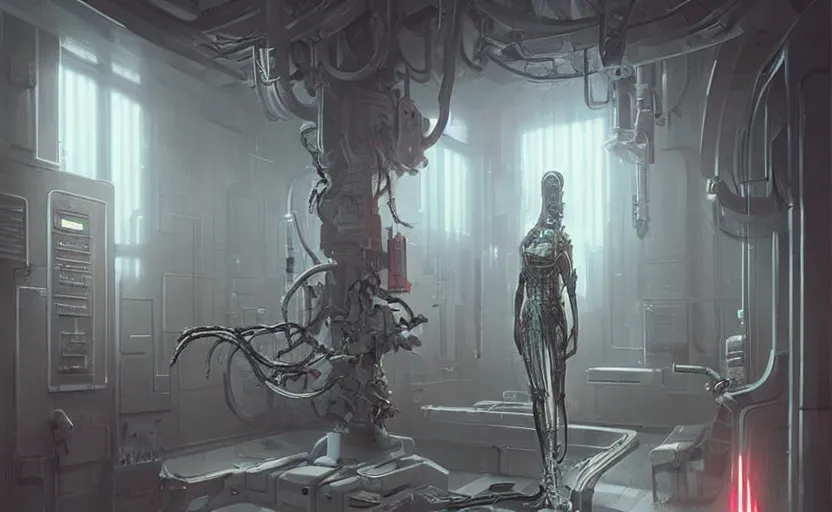 Image similar to neon surgery machine cyberpunk futuristic, in a white room, art by giger, greg rutkowski