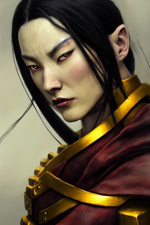 Prompt: a photorealistic painting of Azula from avatar the last Airbender partially clothed in metal-plated battle armor, beautiful bone structure, symmetrical face, perfect yellow eyes, intricate, elegant, digital painting, concept art, illustration, sharp focus, minimal artifacts, from Metal Gear, in the style of Ruan Jia and Mandy Jurgens, by Greg Rutkowski, trending on Artstation, award winning