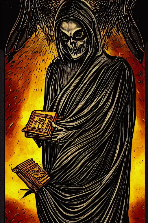 Image similar to dlsr photo of the tarot card illustration of an envoked dark angel holding a book of necronomicon, symmetrical, cinematic, sharp focus, 4 k, ultra hd, sense of awe, sinister demonic atmosphere, dreadful, forbidden knowledge, old gods. demonology journal cover