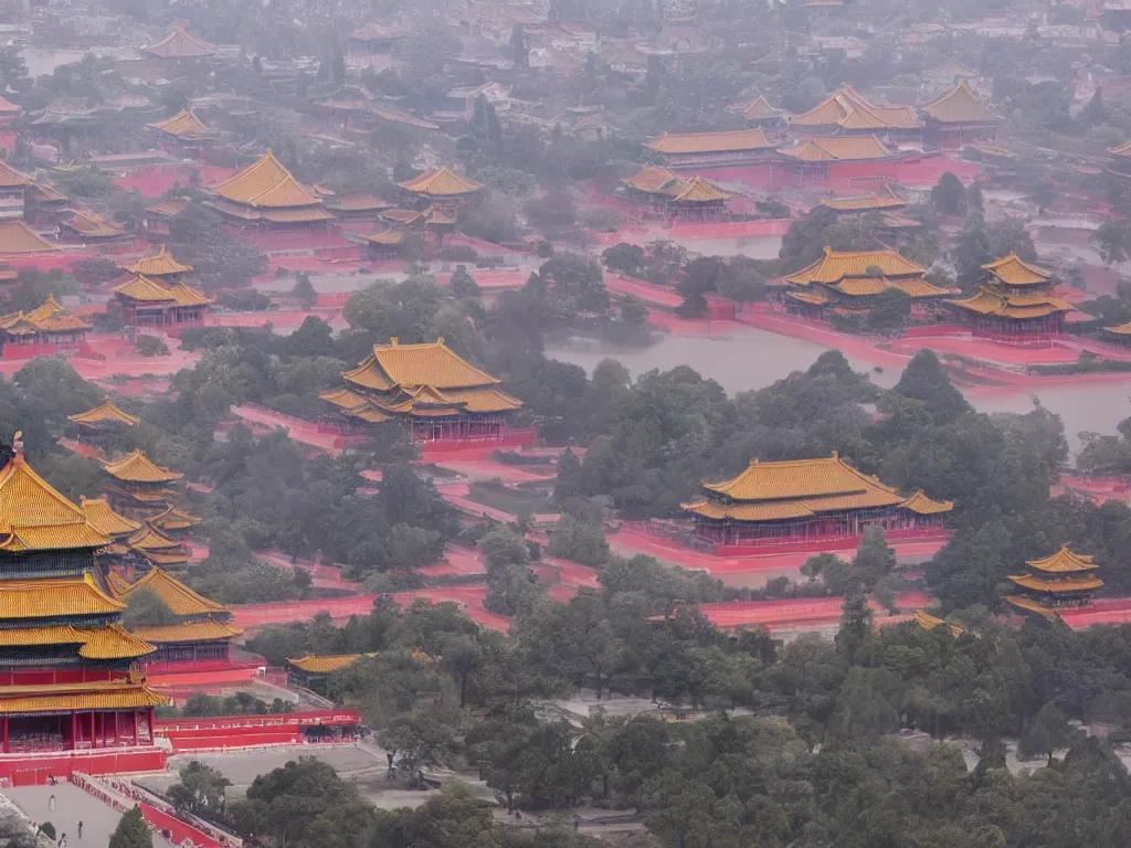 Image similar to forbidden city, highly detailed, cinematic landscape ， foggy