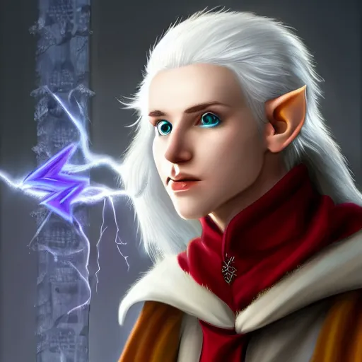 Image similar to Beautiful white haired aged fair skinned scholar elf with spell scroll and lightning background, realism, digital painting, detailed artwork, portrait, mythical, artstation