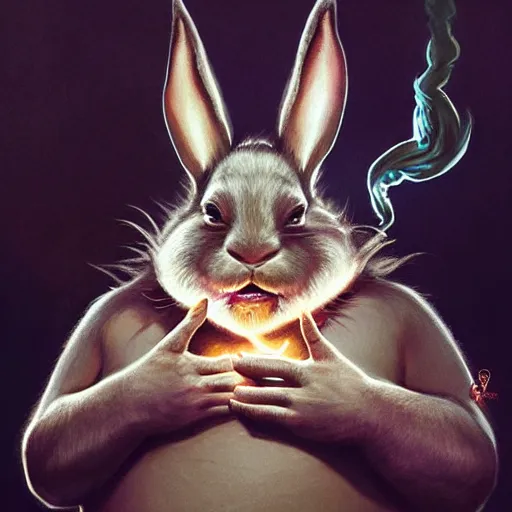 Prompt: hyper realistic, lord of the rings, close up portrait of a mega derpy john candy, big chungus, with bunny ears, smoking massive amounts of weed, by greg rutkowski, scott m fischer, artgerm, loish, slight glow, atmospheric, anne stokes, alexandros pyromallis