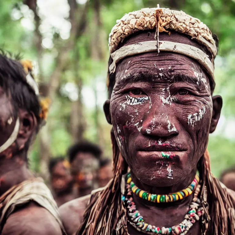 Image similar to realistic exposed expired fuji film portrait of a tribe leader with facial paintings and decorations, hyperrealism, hypermaximalism, photorealistic, detailed, atmospheric, 8 k, award winning photography, cinematic