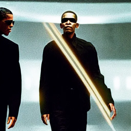 Image similar to film still of obama as Neo in the matrix