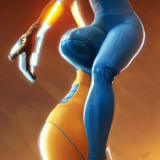 Image similar to Samus Aran in her blue skintight suit highly detailed, digital painting, artstation, concept art, sharp focus, illustration, cinematic lighting, art by artgerm and greg rutkowski and alphonse mucha