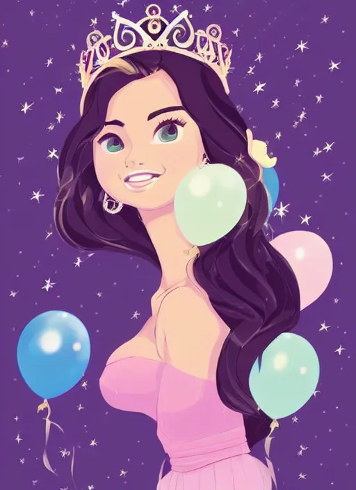 Image similar to woman resembling selena gomez dressed as a disney princess with a crown. balloons. clean cel shaded vector art. shutterstock. behance hd by lois van baarle, artgerm, helen huang, by makoto shinkai and ilya kuvshinov, rossdraws, illustration,