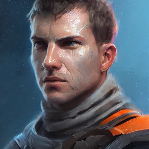 Image similar to portrait of a man by greg rutkowski, a soldier of the new galactic republic, wearing a white, blue and orange tactical gear, star wars expanded universe, highly detailed portrait, digital painting, artstation, concept art, smooth, sharp foccus ilustration, artstation hq