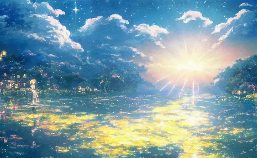 Image similar to A painting named A river of light that leads to God in colaboration with Studio Ghibli,