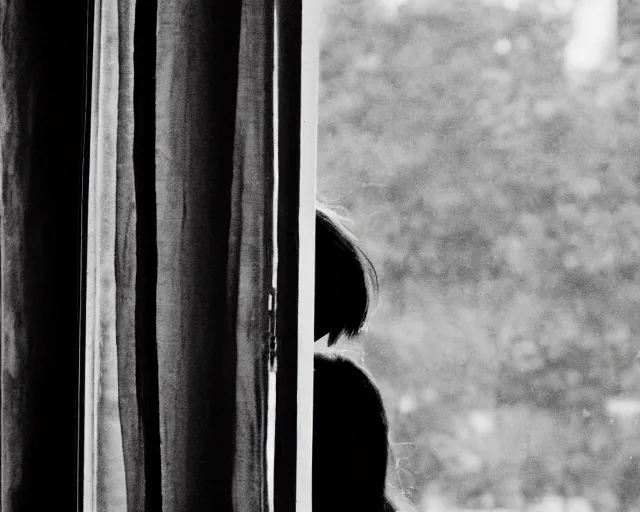 Prompt: an emo girl looking out of her window on a hot day, exhausted, view from inside, 2006, amateur