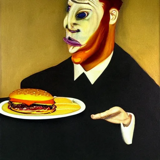 Image similar to man eating hamburger, oil painting by francis bacon,