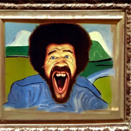 Prompt: bob ross screaming at pablo picasso