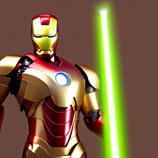 Prompt: a figurine of iron man holding a light saber, octane render, full body