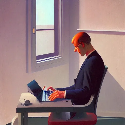 Prompt: Portrait of a man wearing a business hacking computers, very coherent, painted by Edward Hopper, Wayne Barlowe, painted by James Gilleard, airbrush, art by JamesJean