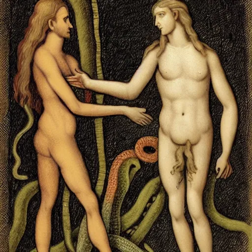 Prompt: adam and eve shaking hands with an anthromorphic snake