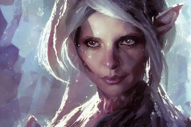 Image similar to A painting of Sarah Michelle Gellar as an elven queen by Craig Mullins, dramatic lighting, extremely high detail, trending on artstation