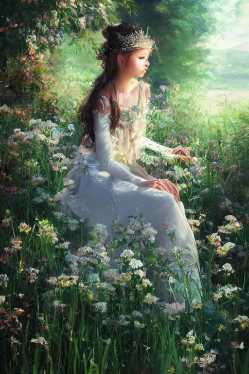 Prompt: portrait of a princess, painting by wlop, michael wellen, john stephens, in a verdant garden, tone mapping, trending on artstation