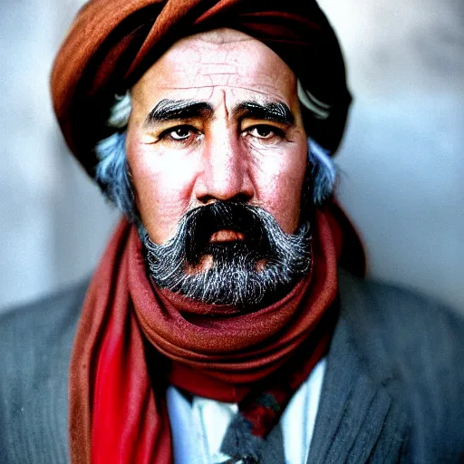 Prompt: portrait of president chester a arthur as afghan man, green eyes and red scarf looking intently, photograph by steve mccurry