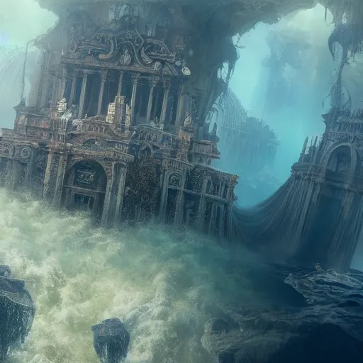 Prompt: The lost Atlantis appears in the multiverse, and the overall tone is atmospheric, hazy, magical, hyper-detailed and realistic，baroque style, realistic geometry, unreal engine 5, hyper realistic, insane details, reflections, best quality, cinematic, epic, 8k, octane render, atmospheric, ambient, volumetric lighting, ultra detail, surrealism,--ar 16:9