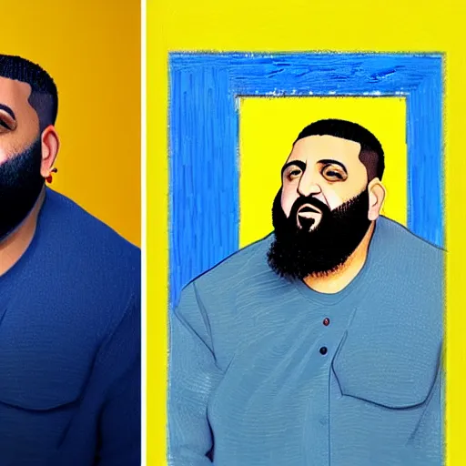 Image similar to ultra realistic portrait of dj khaled in a studio, ultra detailed, under blue, red and yellow cinematic lighting, by van gogh, cartoon