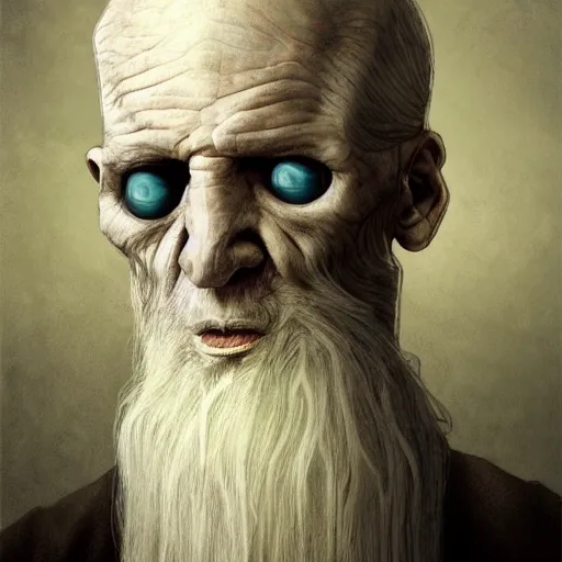 Image similar to eerie portrait of creepy pale old man with fish like facial features, painted, trending on art station, love craftian, dark lighting