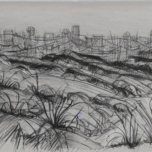 Image similar to milt kahl sketch of world war 1 trenches with the city of miami in the background