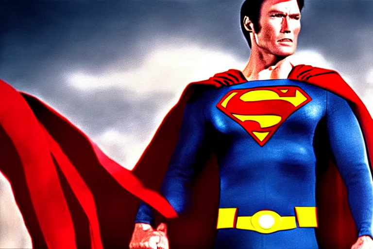 Image similar to clint eastwood as superman in the 1 9 8 0's, superhero film, hyperrealistic, detailed, smooth, sharp focus