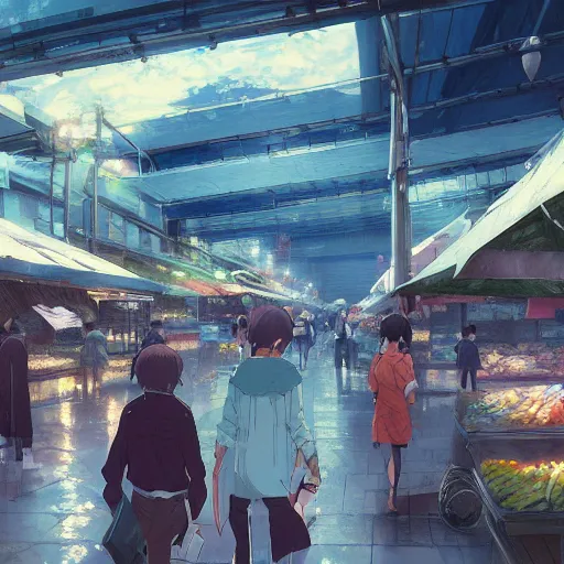 Prompt: The Wet Market at Tokyo Port, Anime concept art by Makoto Shinkai