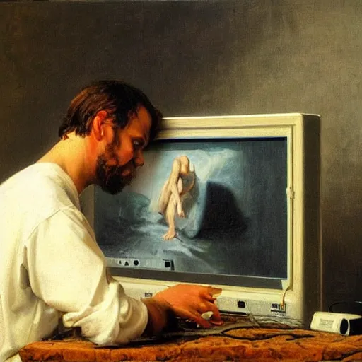 Prompt: masterpiece painting of a 3d artist sad, crouched and desperate looking at the a computer screen with wireframe 3d object opened 3d software on screen wireframe, oil on canvas, renaissance