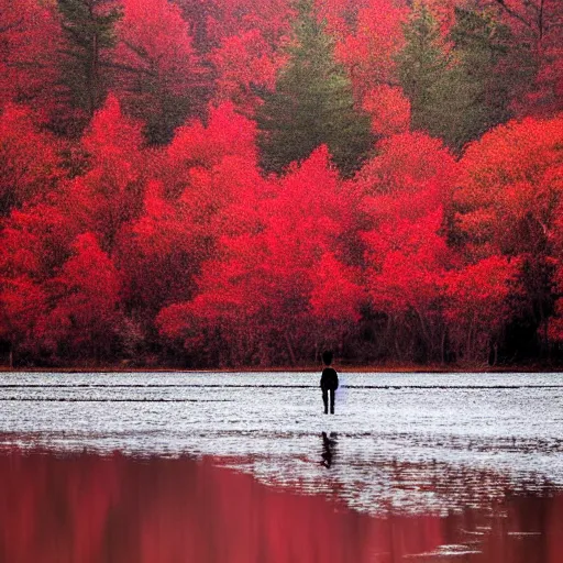 Image similar to a lonely dark figure wading through a red lake