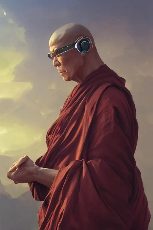 Prompt: an old male warrior monk with a VR headset, golden light, deep dark purple waters, highly detailed, digital painting, artstation, concept art, smooth, sharp focus, illustration, art by artgerm and greg rutkowski and alphonse mucha