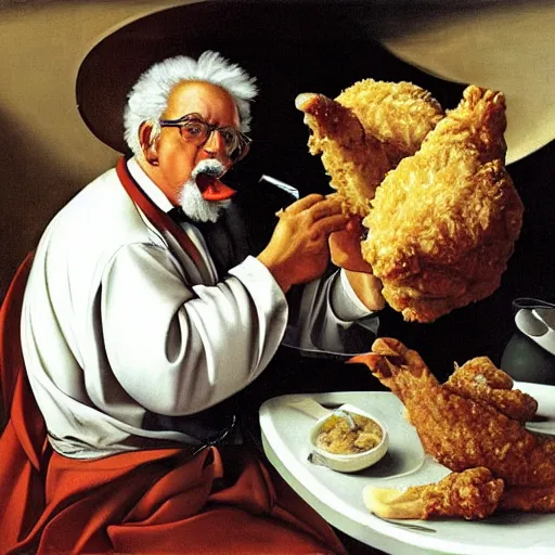 Prompt: Colonel Sanders eating cooking fried chicken in a deep fat fryer. Painted by Caravaggio, high detail