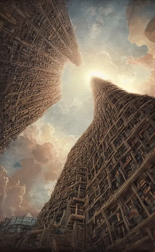 Prompt: the library of babel stretches into the sky, digital art, cinematic