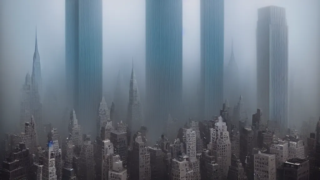 Image similar to Hulk sized Obama towers over a foggy Manhattan; by Beeple; 4K