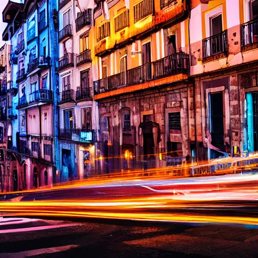 Image similar to cinematic shot of the city of Porto Portugal, with neon lights and flying cars