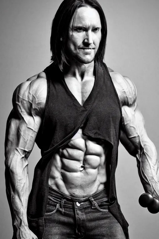 Image similar to Matthew Mercer is a jacked muscle builder gigachad, grayscale photography, Critical Role, Raised eyebrow