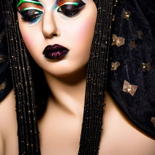 Image similar to Photo of Cleopatra, close-up, high detail, studio, ominous background, smoke, 85mm Sigma Art Lens