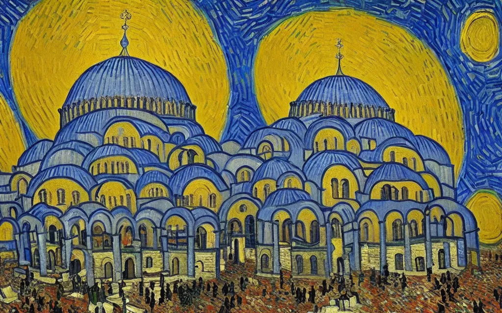 Image similar to detailed expressionist oil painting by van gogh of the hagia sophia church of constantinople, beautiful byzantine architecture, landscape painting, expressionism, 8 k resolution, smooth, sharp focus, matte painting, dramatic lighting, small bushstrokes