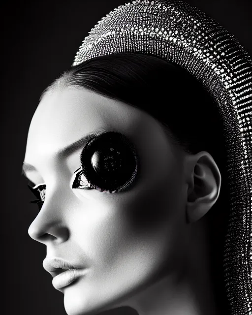 Image similar to a profile portrait, a stunning young woman - cyborg with a mutant crow head, editorial photography, bw, shot on 7 0 mm, depth of field, f / 2. 8, high contrast, 1 6 k, volumetric lighting, shiny, insanely detailed and intricate, hypermaximalist, elegant, ornate, hyper realistic, super detailed