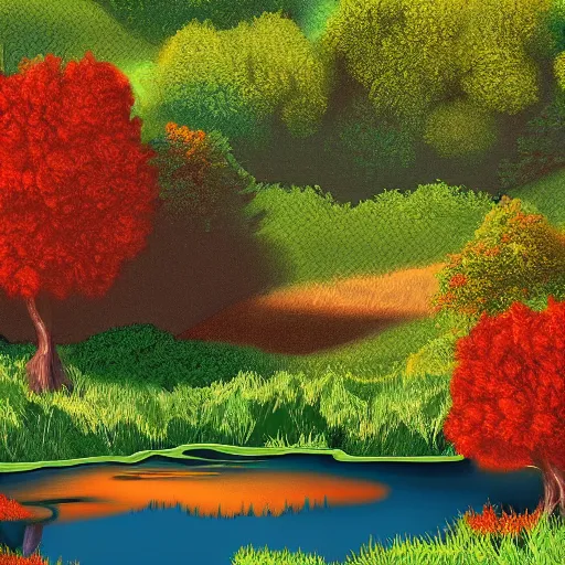 Prompt: Mountain landscape with a pond and forests, highly detailed digital replication of Bob Ross art