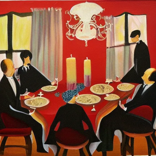 Prompt: Oil Painting of a Haunted Dinner Party