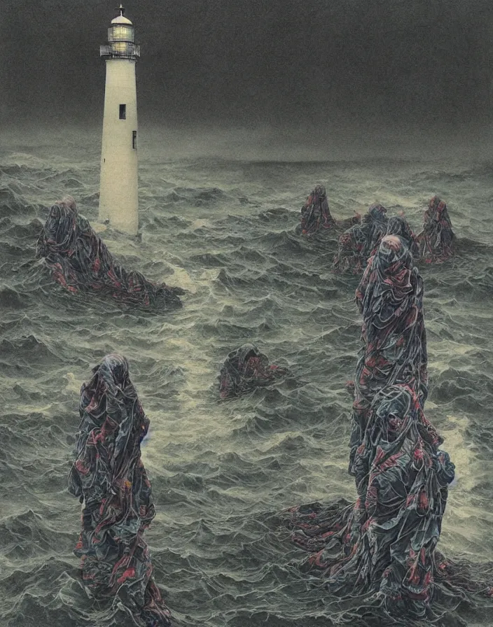 Prompt: worshippers in robes belonging to the cult of the lighthouse standing in waves, a lighthouse, high detailed beksinski painting, part by adrian ghenie and gerhard richter. art by takato yamamoto. masterpiece, dark and moody, deep colours