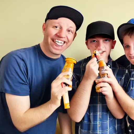 Prompt: nelk boys shotgunning a happy dad in real life, 8 k, 4 k uhd, realistic, hyper realistic, super detailed, very detailed, detailed