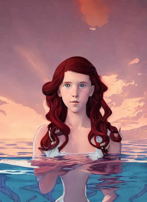 Image similar to well - lit art nouveau portrait of a 1 3 - year old girl who resembles millie bobby brown with red hair looking worried under water, natural lighting, path traced, highly detailed, high quality, cartoon, digital painting, by don bluth and ross tran and studio ghibli