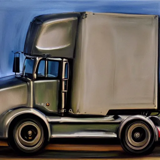 Prompt: high quality high detail painting by lucian freud, hd, truck driver behind the wheel, photorealistic lighting